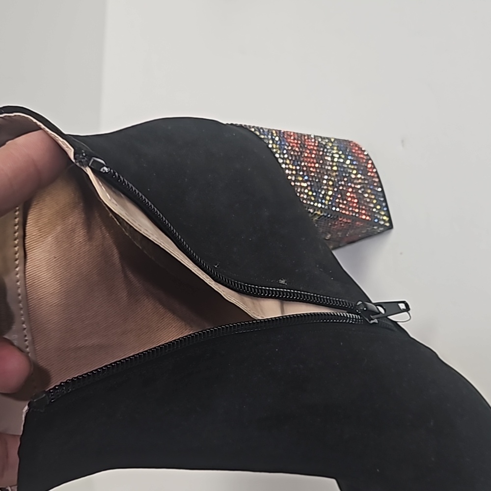 Betsey Johnson the Kassie textile upper black boots rhinetones heel Women's 9.5 - Picture 10 of 11